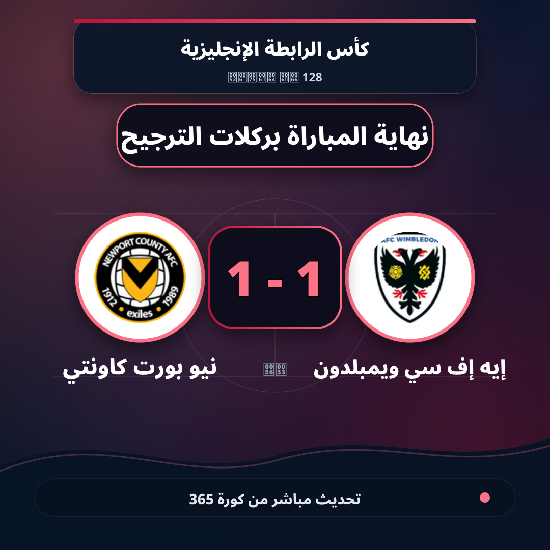 نهاية المباراة.. إيه إف سي ويمبلدون 1 - 1 نيو بورت كاونتي